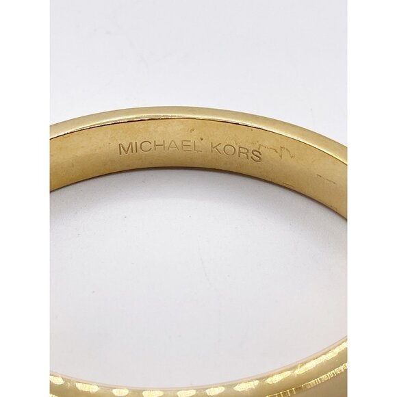 Michael Kors Gold Tone Hinged Bangle Bracelet Polished Logo Clasp MK Designer - Picture 3 of 7